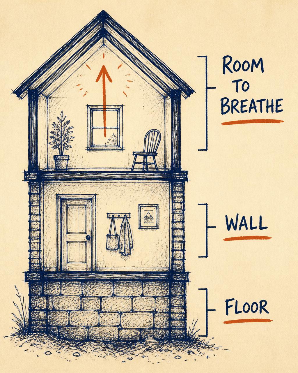 A hand-drawn sketch of a house showing three layers labeled floor, wall, and room to breathe.